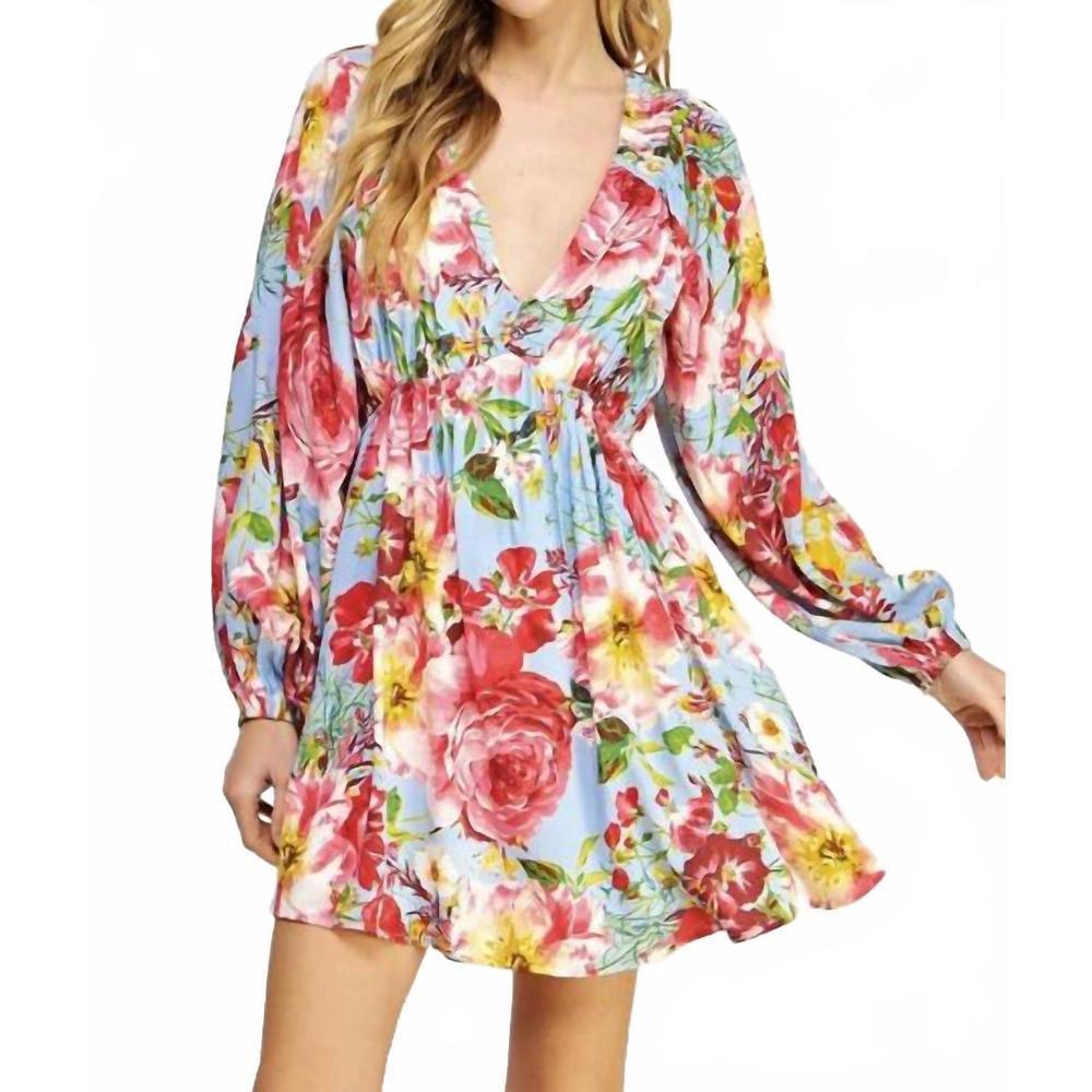 NEW STRUT & BOLT v-neck back tie closure mini dress in pink/ blue - Picture 2 of 4